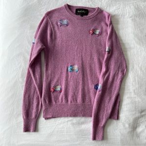 Nicole Miller 100% Cashmere Purple Elephant Embroidered Sweater, Size Small